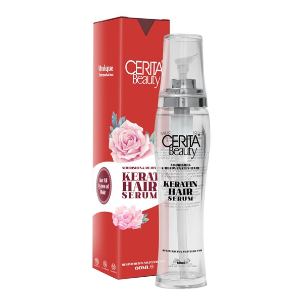 سرم موی سریتا حاوی کراتین، و ویتامین E مغذی و تقویت کننده مو دارای خاصیت ترمیم کنندگی ساقه موی آسیب 